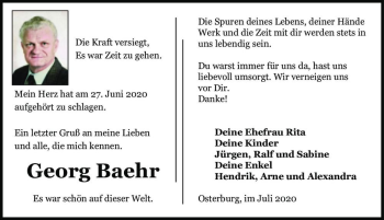 Traueranzeige von Georg Baehr  von Magdeburger Volksstimme