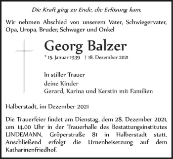 Traueranzeige von Georg Balzer  von Magdeburger Volksstimme