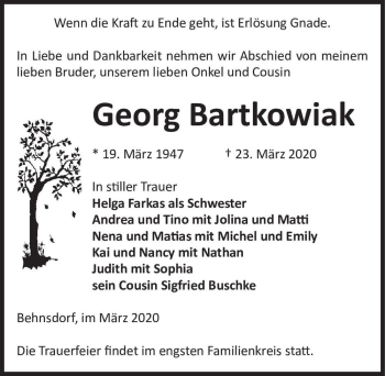 Traueranzeige von Georg Bartkowiak  von Magdeburger Volksstimme