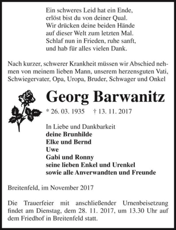 Traueranzeige von Georg Barwanitz  von Magdeburger Volksstimme
