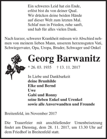 Traueranzeige von Georg Barwanitz  von Magdeburger Volksstimme