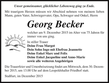 Traueranzeige von Georg Becker  von Magdeburger Volksstimme
