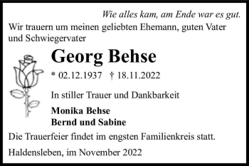 Traueranzeige von Georg Behse  von Magdeburger Volksstimme