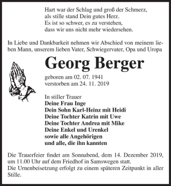 Traueranzeige von Georg Berger  von Magdeburger Volksstimme