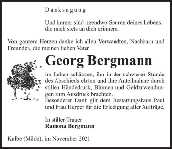 Traueranzeige von Georg Bergmann  von Magdeburger Volksstimme