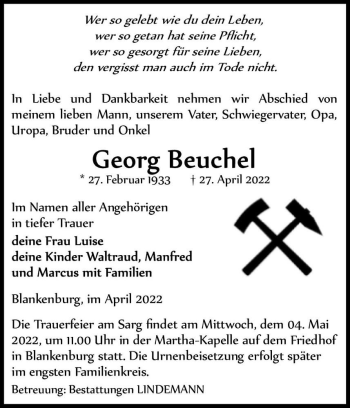 Traueranzeige von Georg Beuchel  von Magdeburger Volksstimme