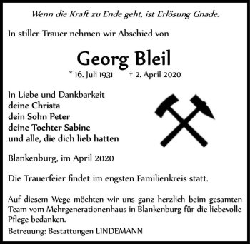 Traueranzeige von Georg Bleil  von Magdeburger Volksstimme