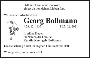Traueranzeige von Georg Bollmann  von Magdeburger Volksstimme