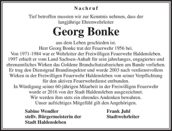 Traueranzeige von Georg Bonke  von Magdeburger Volksstimme