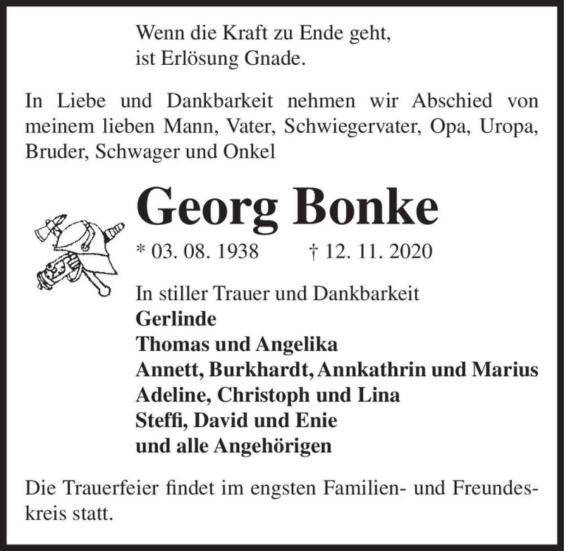  Traueranzeige für Georg Bonke  vom 20.11.2020 aus Magdeburger Volksstimme