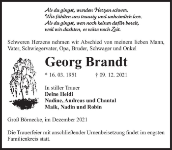 Traueranzeige von Georg Brandt  von Magdeburger Volksstimme