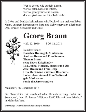 Traueranzeige von Georg Braun  von Magdeburger Volksstimme