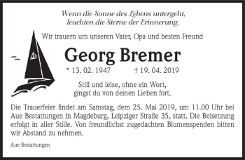 Traueranzeige von Georg Bremer  von Magdeburger Volksstimme