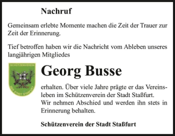Traueranzeige von Georg Busse  von Magdeburger Volksstimme