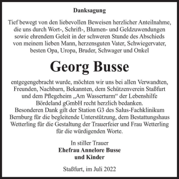 Traueranzeige von Georg Busse  von Magdeburger Volksstimme