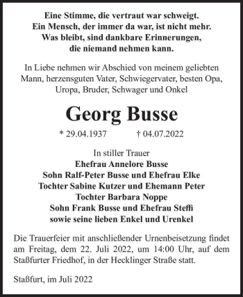 Traueranzeige von Georg Busse  von Magdeburger Volksstimme