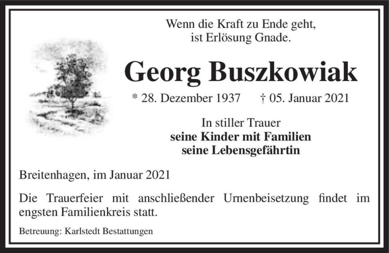  Traueranzeige für Georg Buszkowiak  vom 09.01.2021 aus Magdeburger Volksstimme