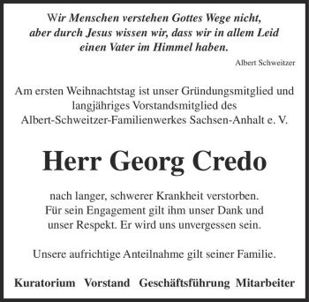 Traueranzeige von Georg Credo  von Magdeburger Volksstimme