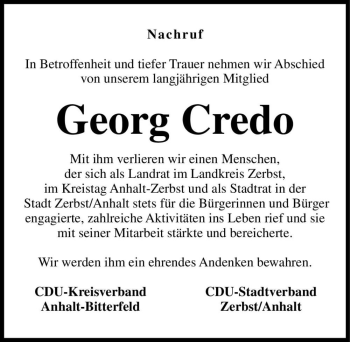 Traueranzeige von Georg Credo  von Magdeburger Volksstimme