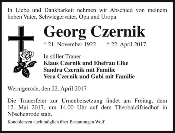 Traueranzeige von Georg Czernik  von Magdeburger Volksstimme
