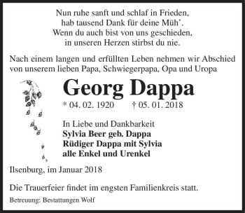 Traueranzeige von Georg Dappa  von Magdeburger Volksstimme