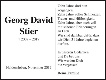 Traueranzeige von Georg David Stier  von Magdeburger Volksstimme