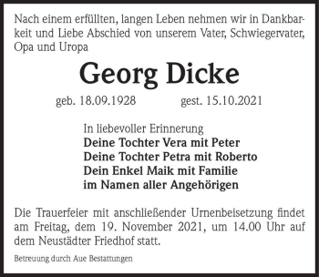 Traueranzeige von Georg Dicke  von Magdeburger Volksstimme