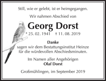 Traueranzeige von Georg Dorst  von Magdeburger Volksstimme