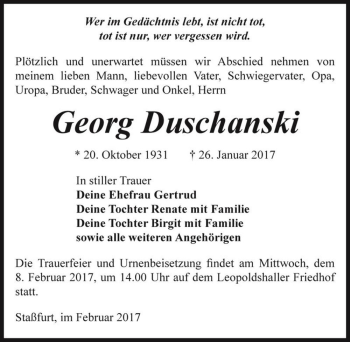 Traueranzeige von Georg Duschanski  von Magdeburger Volksstimme