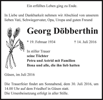 Traueranzeige von Georg Döbberthin  von Magdeburger Volksstimme