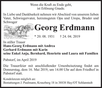 Traueranzeige von Georg Erdmann  von Magdeburger Volksstimme