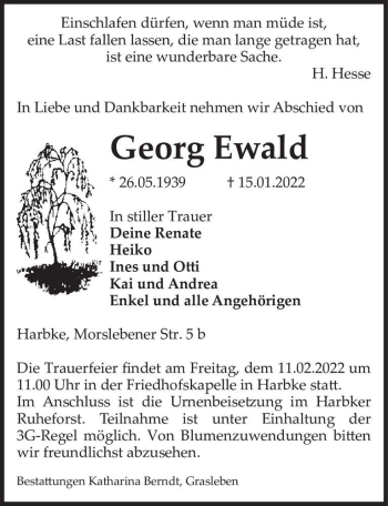 Traueranzeige von Georg Ewald  von Magdeburger Volksstimme