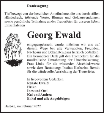 Traueranzeige von Georg Ewald  von Magdeburger Volksstimme