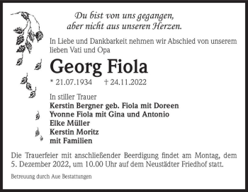 Traueranzeige von Georg Fiola  von Magdeburger Volksstimme