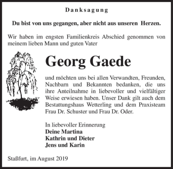 Traueranzeige von Georg Gaede  von Magdeburger Volksstimme