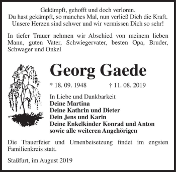 Traueranzeige von Georg Gaede  von Magdeburger Volksstimme