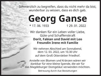 Traueranzeige von Georg Ganse  von Magdeburger Volksstimme