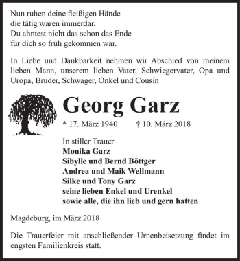 Traueranzeige von Georg Garz  von Magdeburger Volksstimme