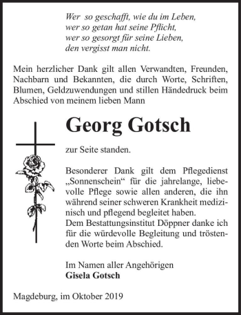 Traueranzeige von Georg Gotsch  von Magdeburger Volksstimme