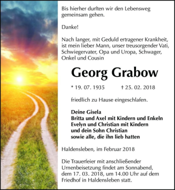 Traueranzeige von Georg Grabow  von Magdeburger Volksstimme