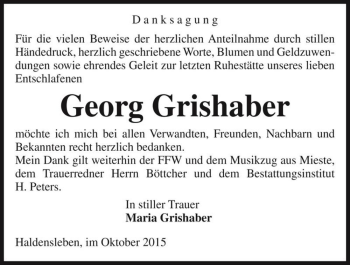 Traueranzeige von Georg Grishaber  von Magdeburger Volksstimme