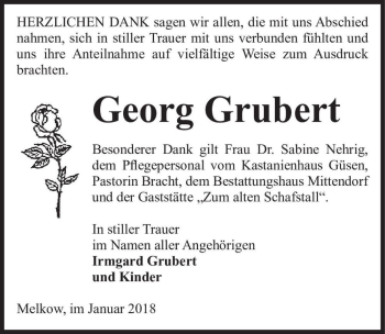 Traueranzeige von Georg Grubert  von Magdeburger Volksstimme