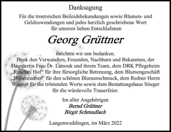 Traueranzeige von Georg Grüttner  von Magdeburger Volksstimme