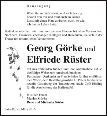 Traueranzeige von Georg Görke und Elfriede Rüster  von Magdeburger Volksstimme