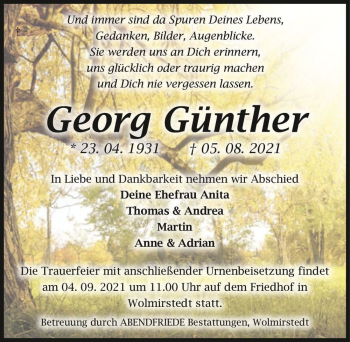 Traueranzeige von Georg Günther  von Magdeburger Volksstimme