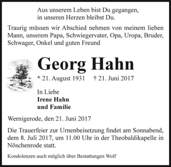 Traueranzeige von Georg Hahn  von Magdeburger Volksstimme