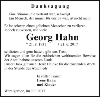Traueranzeige von Georg Hahn  von Magdeburger Volksstimme