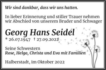 Traueranzeige von Georg Hans Seidel  von Magdeburger Volksstimme