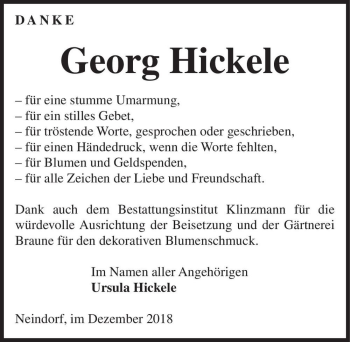 Traueranzeige von Georg Hickele  von Magdeburger Volksstimme
