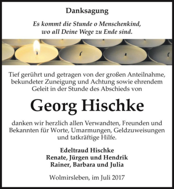 Traueranzeige von Georg Hischke  von Magdeburger Volksstimme
